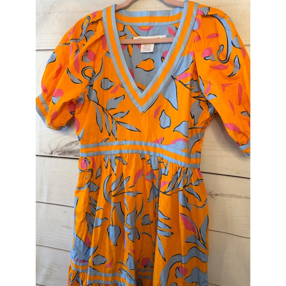 Gretchen Scott Orange Blue Floral Puff Sleeve Midi Dress Size S - Picture 2 of 6